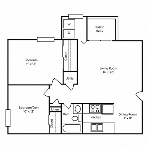 Floor plan for 2 beds, 1 bath, 873 sqft